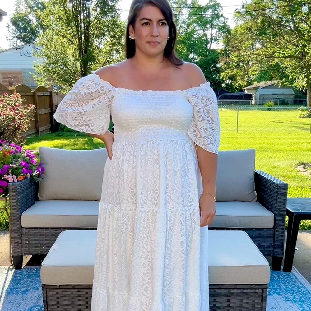 Women's Plus Size Floral Lace Wedding Boho Dress Flowy Smocked Tiered Maxi Dress